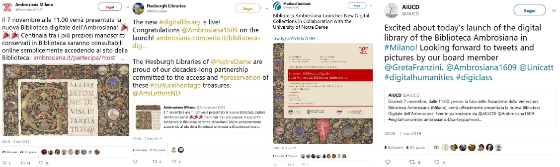 A selection of tweets published in November 2019 by the Veneranda Biblioteca Ambrosiana, the Hesburgh Libraries – University of Notre Dame, the Medieval Institute – University of Notre Dame and the Italian Association of Digital Humanities (AIUCD) about the launch of the Library’s IIIF- compliant digital platform .