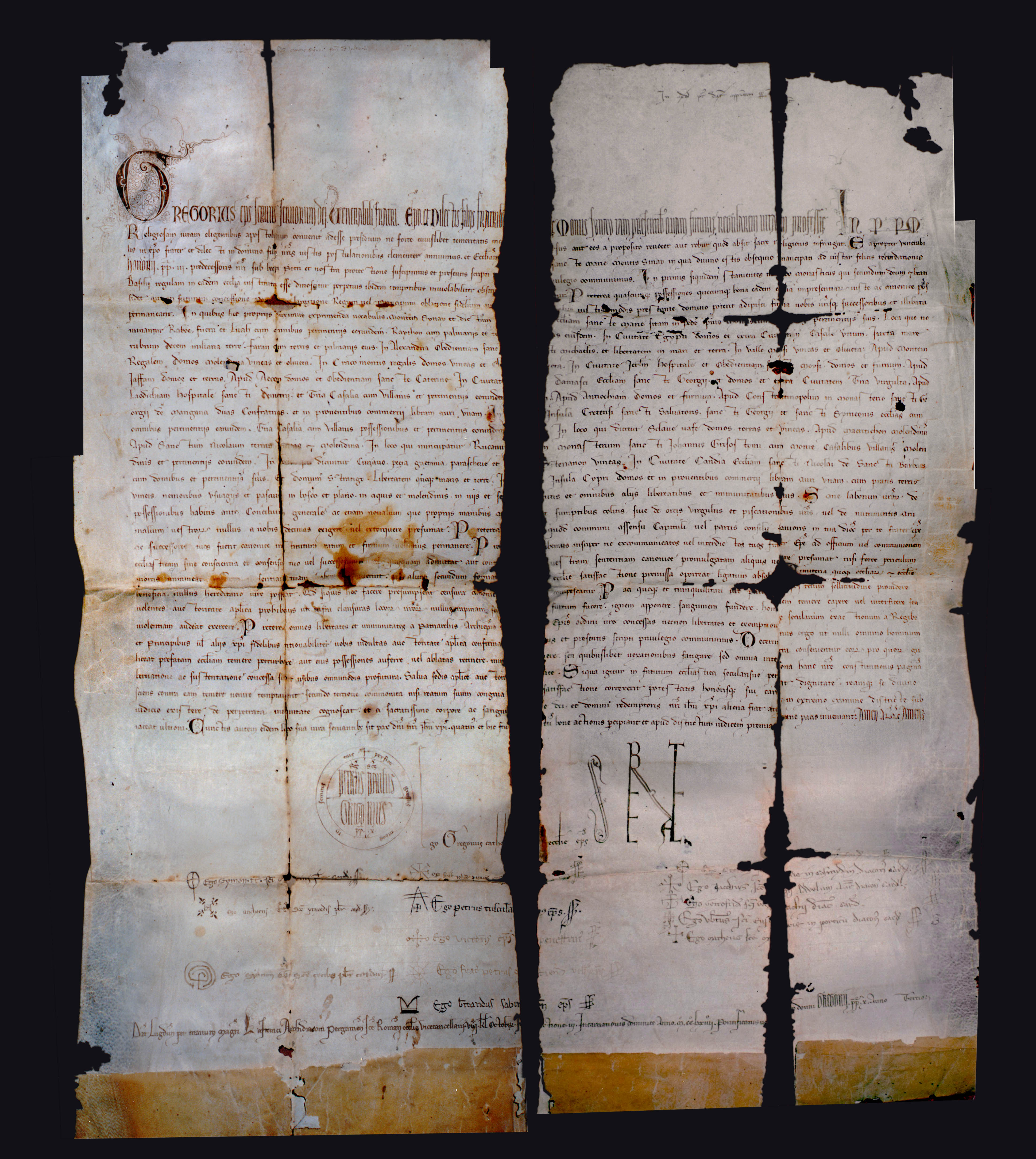 Recto (front side) of the 1274 Papal Bull issued by Pope Gregory X, work-in-progress.