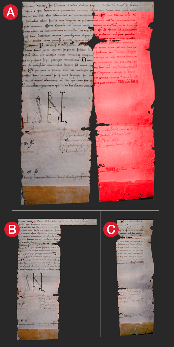 (A) Area of the letter where selection is made is shown in red. (B) Layer Mask created using the section in (A). (C) Selection in (A) duplicated as a new image layer .