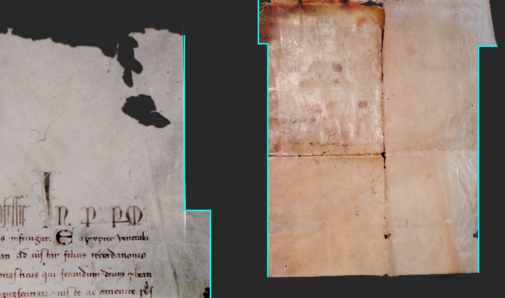 Highlighted in cyan are examples of the straight edges on the recto ( left ) and the verso ( right ) because of missing photographic information in the photographic documentation .