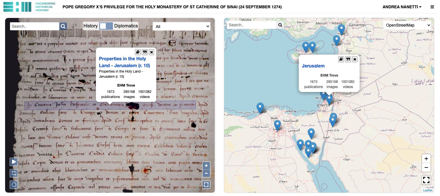Screenshots of selected properties of the monastery in Cairo and Jerusalem show the connection between the document and the geospatial visualisation tools (satellite view for Cairo and OpenStreetMap for Jerusalem).