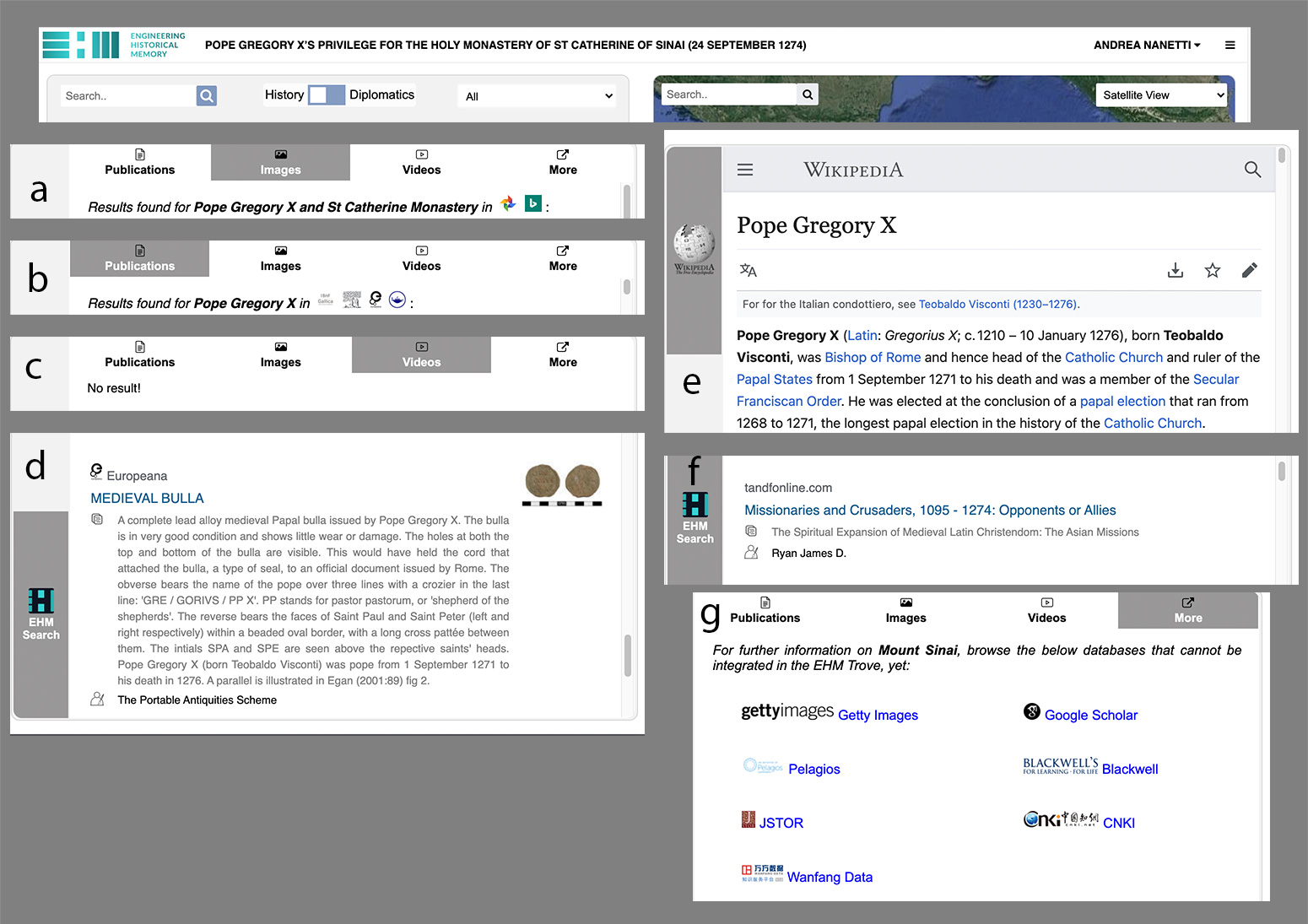 Screenshots of EHM Search Engines for scholarly texts (b, d, f), images (a), and videos (c) related to the individual diplomatics , historical , and geographical entities itemised in the online application for pope Gregory X’s privilege for the monastic community of Mount Sinai (1274). The identifier of the item is the corresponding Wikipedia page (e).