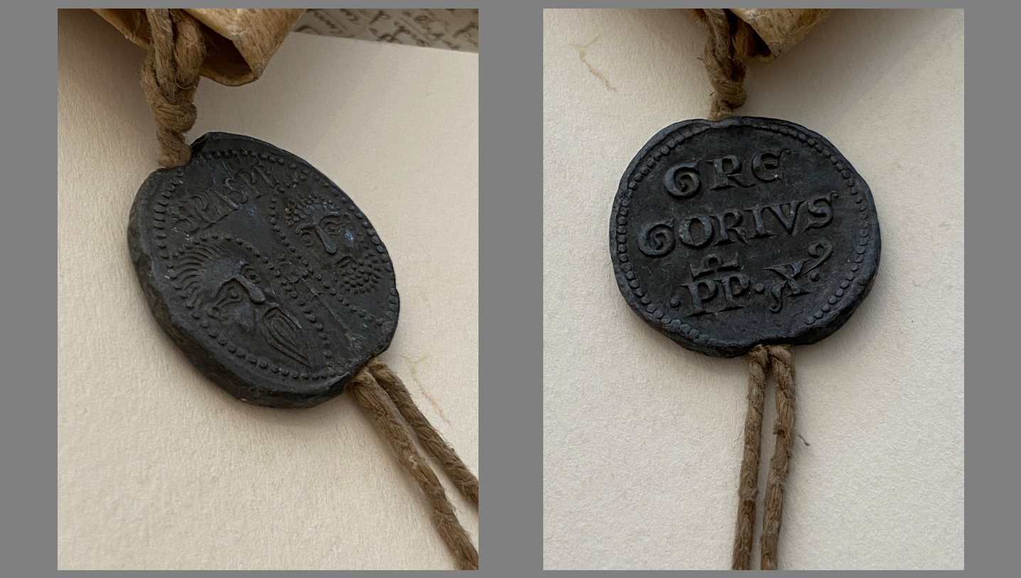 Lead seal of Gregory X ( cum filo canapis , with hemp cord ). – Obverse ( left image) . On the left , St. Paul is depicted with full facial features, long straight hair , and a beard . On the right , St. Peter is also shown with complete facial features and pellets from his curly hair and beard. Above the heads, the saints’ abbreviations are still partially visible, with ‘SPA’ for St Paul to the left and ‘SPE’ for St Peter to the right. Both heads were separated by a tear-drop formation of linear beads, which surrounds the head motif with a cross pattée supported on a staff between them. – Reverse . GRE/GORIVS/PP X’. The description is based on [35]: 156, crediting Venice , Archivio di Stato, SS. Felice e Fortunato di Ammiana , in Procuratori di S. Marco ‘de supra Canale’, n. 136) © Archivio di Stato di Venezia, Procuratori di San Marco ‘de supra Canale’, b. 136 ( Gregorius X, bulla plumbea cum filo canapis ); digital images: courtesy of Dott. Gianni Penzo Doria.
