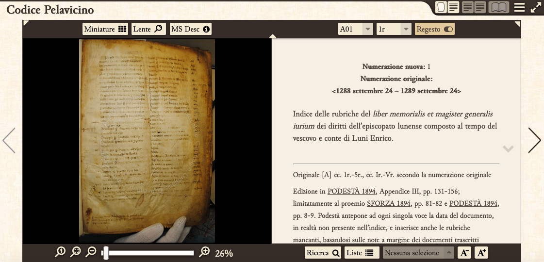 Interfaccia di navigazione nell’edizione digitale del Codice Pelavicino http://pelavicino.labcd.unipi.it/evt/