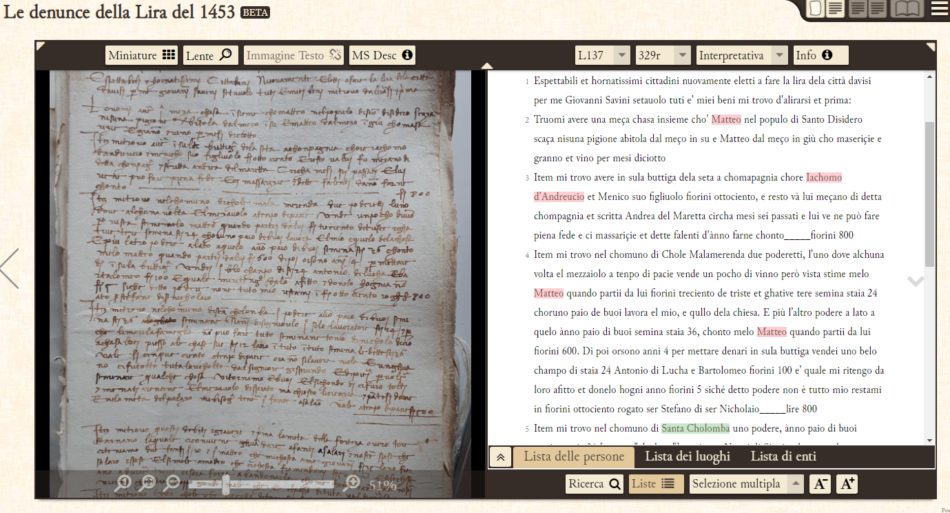 Visualizzazione in EVT 1 della denuncia di Giovanni di Savino con evidenziati i toponimi e altri individui con denunce codificate.