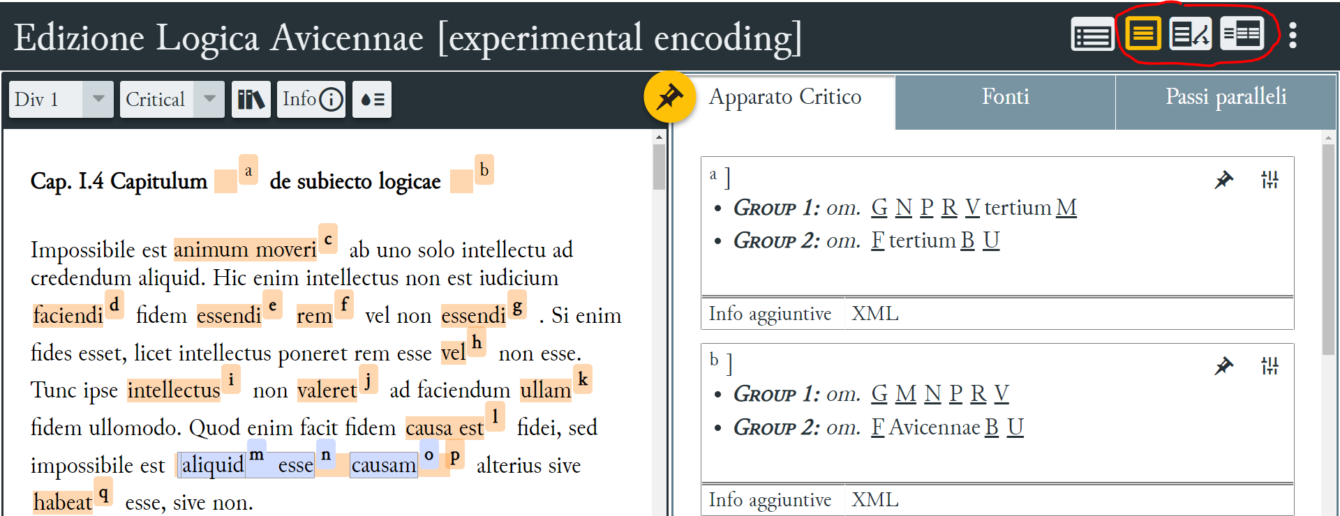 screenshot dell'interfaccia di EVT 2 in cui compaiono evidenziati i bottoni per attivare le view disponibili.