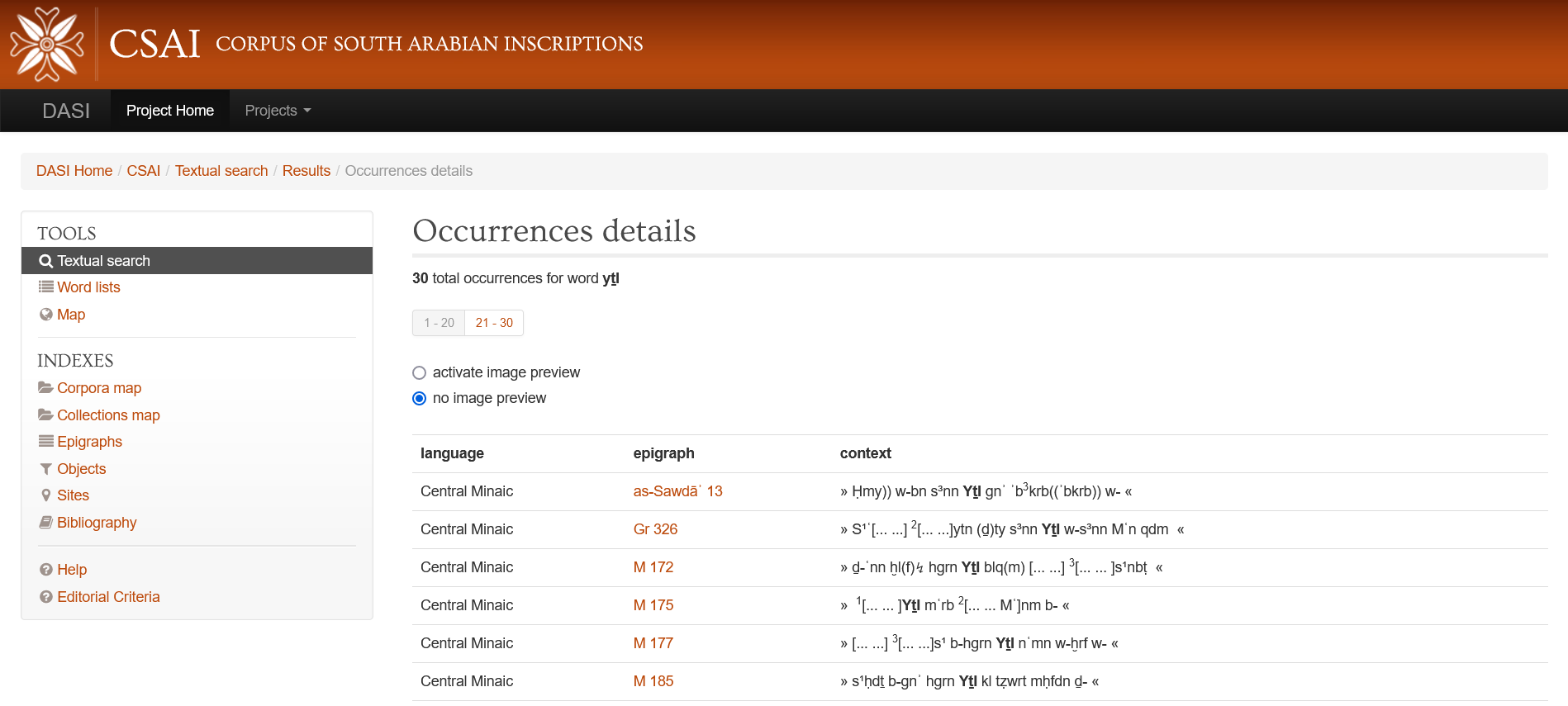 List (partim) of the occurrences of the toponym yṯl, annotated as a <placeName>, in the Minaic inscriptions.