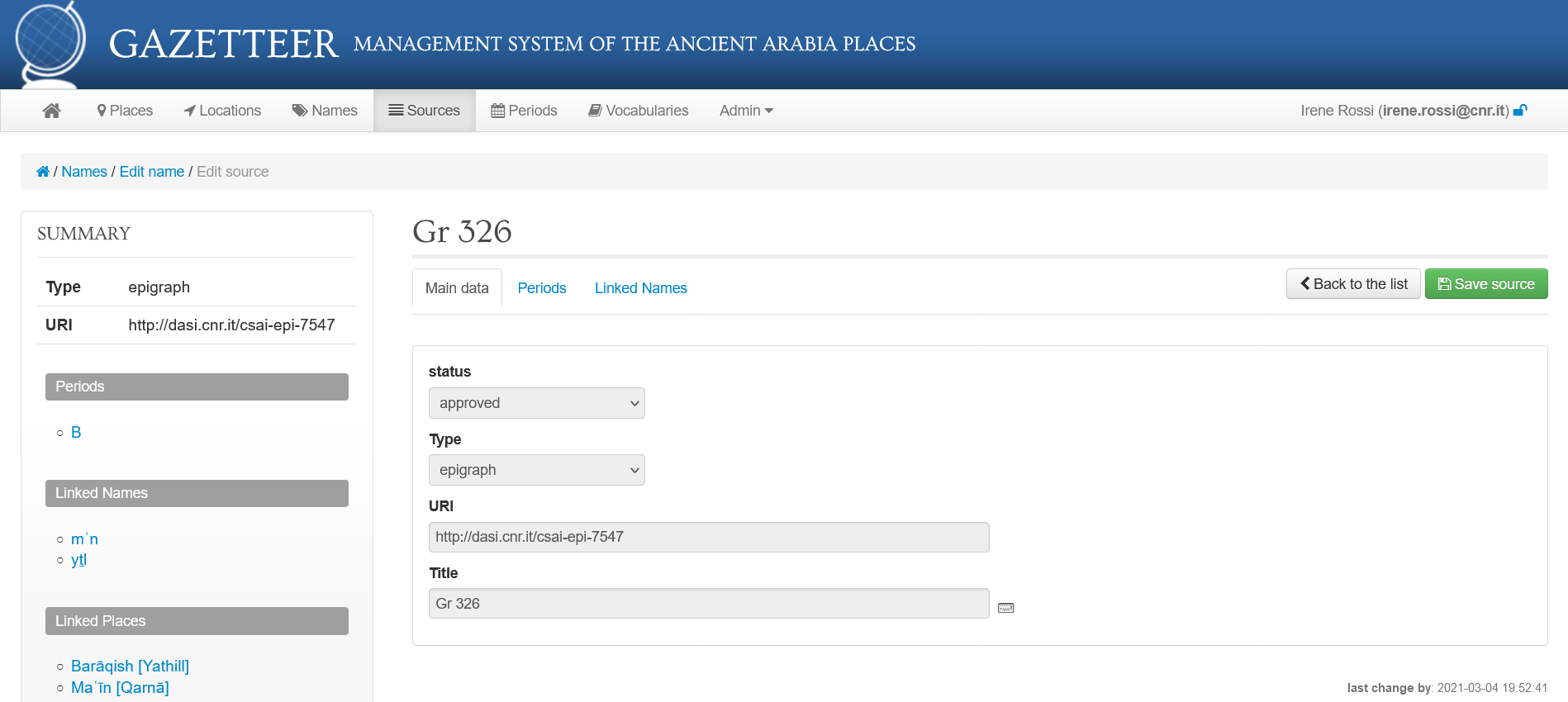 Main tab of the Source record 'Gr 326' in the Gazetteer, linked to the Name record 'yṯl'.