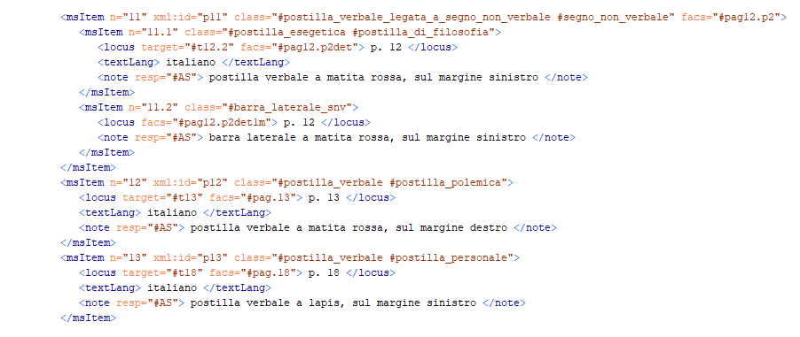   Frammento di codice XML-TEI relativo alla sezione < msItem >.