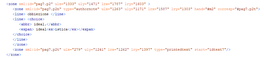   Frammento di codifica XML-TEI per la rappresentazione diplomatica delle postille con metodo  embedded-transcription