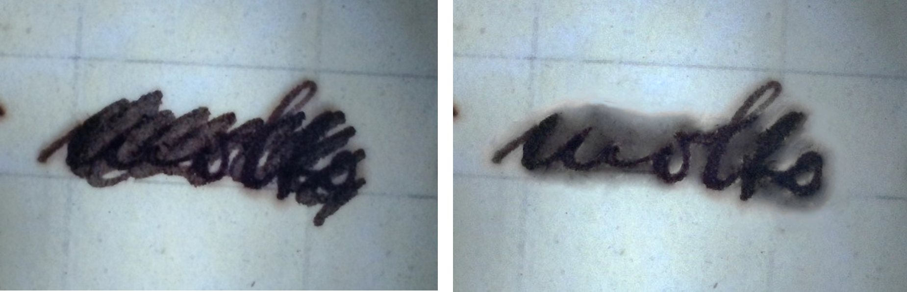 Dettaglio sottoposto a raggi ultravioletti (sinistra) e elaborato tramite post-produzione digitale (destra).