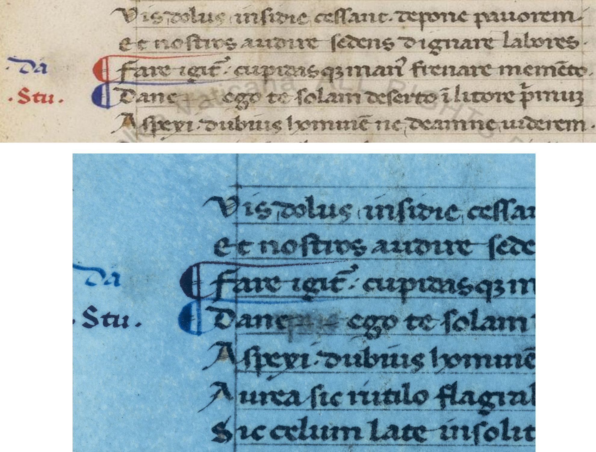 Ms. Città del Vaticano, Biblioteca Apostolica Vaticana, Vat. lat. 3358, f. 10v e analisi con raggi ultravioletti.