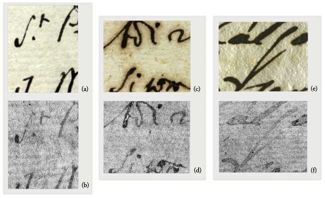 Comparison between visible picture and X-ray imaging with a synchrotron source of manuscripts from different epoch - 1590 (a&b), 1664 (c&d) and 1801 (e&d) (Data from [9]).