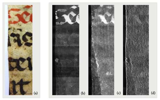 Imaging with with different absorption methodology achieved with a synchrotron source. 14 th parchment in visible light (a), absorption (b), scattering (c) and refraction (d) (Data fro m [10] ).