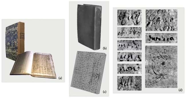 X- ray tomography of a 200-pages book achieved with lab-based sources. Visible picture and 3D image of the book (a), tomographic 3D image and view of the inside pages (c), words and drawing extracted for the internal pages (d) (Data from [12] an d [13] ).