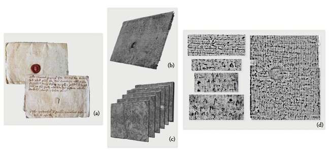 Tomographic investigation of a 15 th sealed Venetian document achieved with the lab-based facility of UniBo. Visible pictures of the last will (a), 3D tomographic volume (b) and segmented pages (c). In (d) part of the internal text and a complete page (d) (Data fro m [13] ).