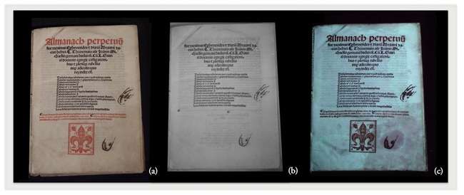 Imaging in Visible Light (a), Infrared (b) and UV fluorescence (c) of a 1525 Venetian printed book. (Data from [18])
