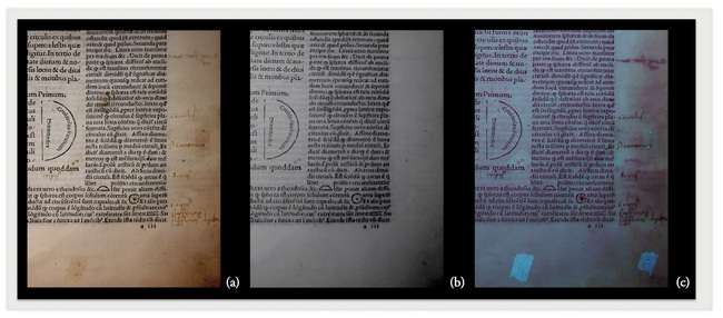 Imaging in Visible Light (a), IR (b) and UV fluorescence (c) of a page of 1499 Venetian printed book. (Data from [15])
