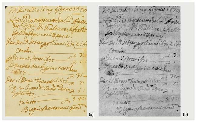 Comparison of visible image (a) and X-ray radiography (b) of a 1679 manuscript achieved with a lab-based source (Data fro m [11] ).