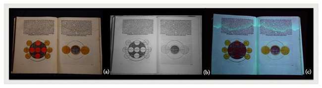 Imaging in Visible Light (a), IR (b) and UV fluorescence (c) of a 1485 Venetian printed book. (Data from [18])