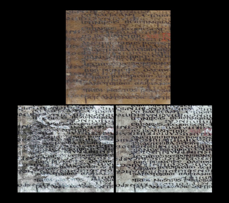 Biblioteca Apostolica Vaticana, Vat. lat. 5766, dettaglio di foglio con residui di fibre cartacee ripreso a luce visibile, in ultravioletto, e in ultravioletto dopo la rimozione delle fibre .