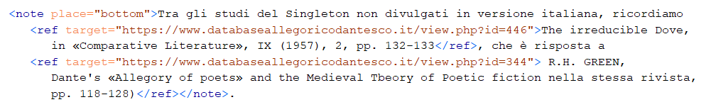   – Esempio di nota a piè di pagina scritta in XML e contenente dei rimandi ipertestuali ad opere archiviate nel DAD