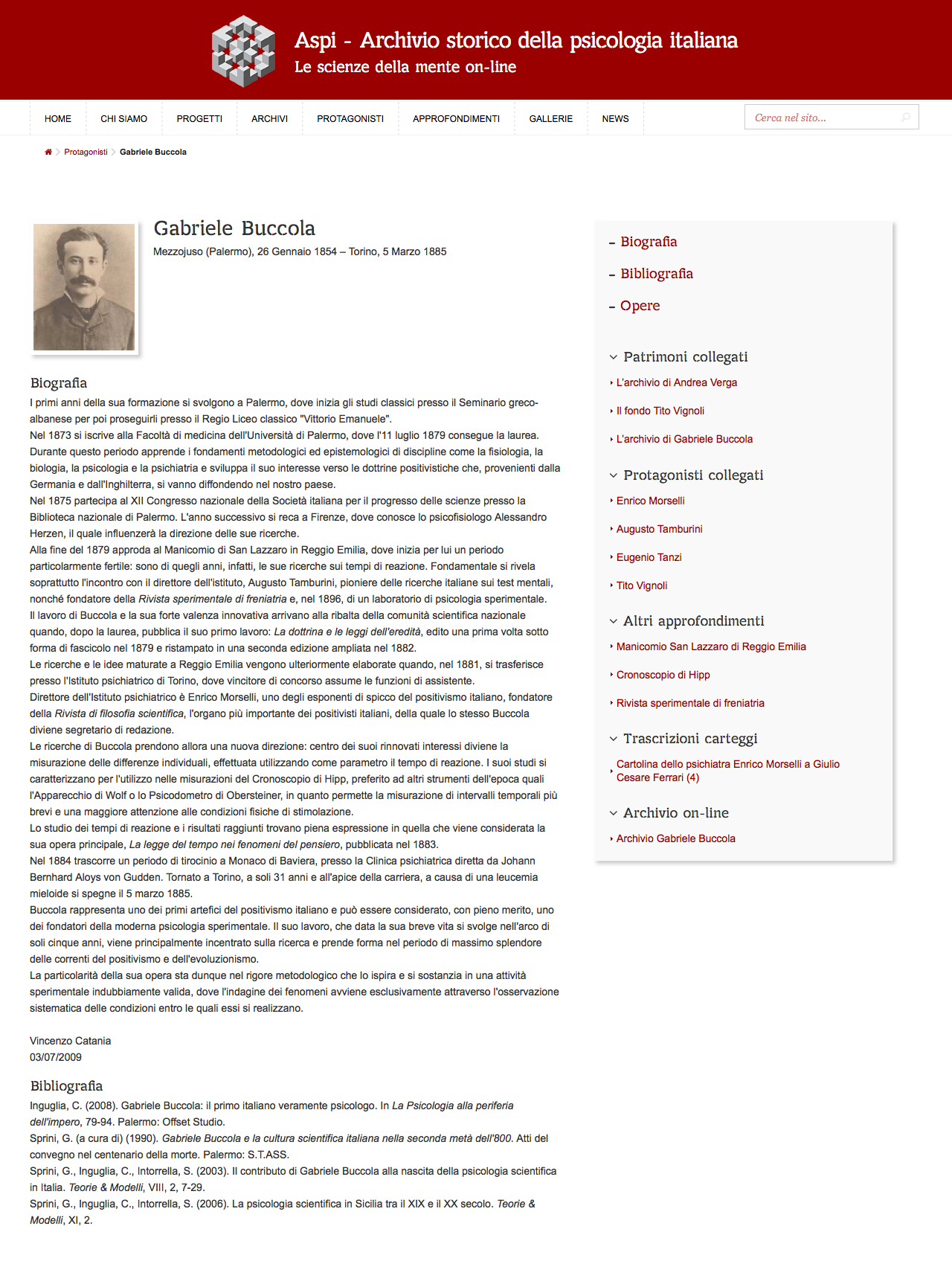 Scheda biografica e sidebar dei contenuti collegati