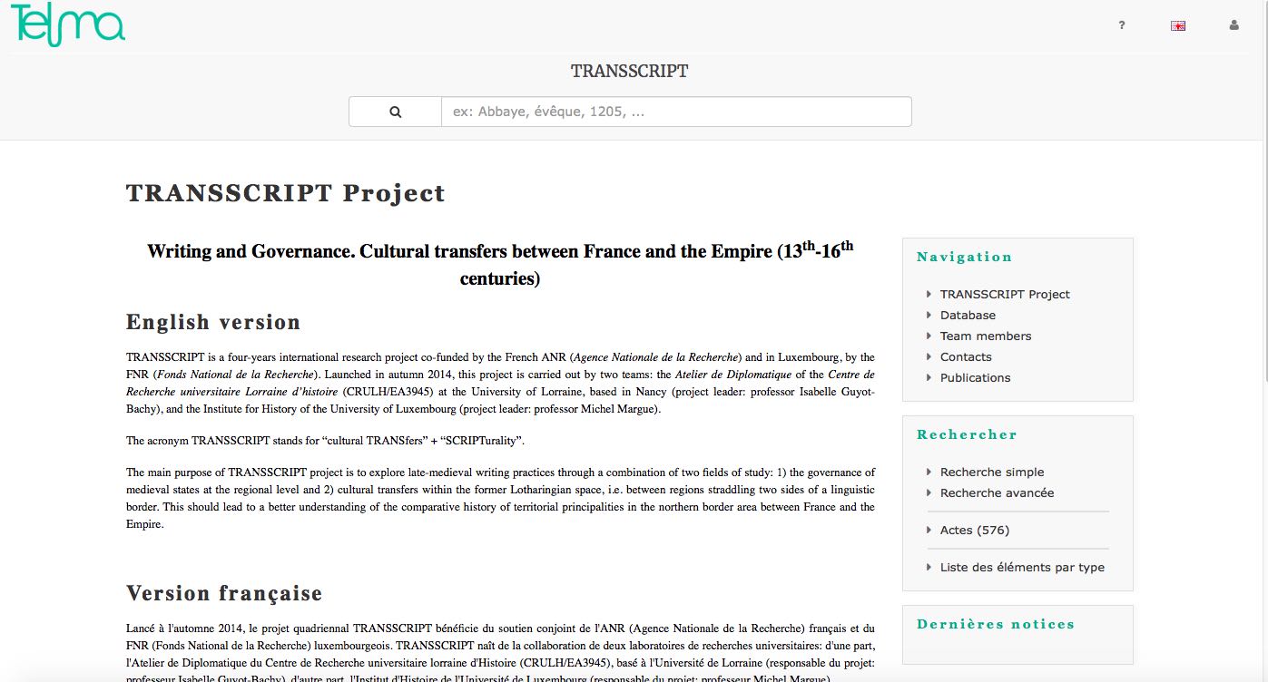 Home page del futuro database del progetto TRANSSCRIPT sul portale TELMA.