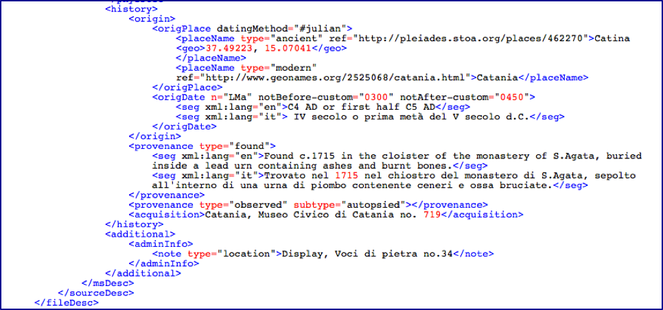 Esempio di codifica con la presenza del tag <seg xml:lang="">.