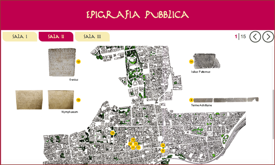 Schermata del chiosco multimediale con la localizzazione delle epigrafi sulla pianta di Catania.