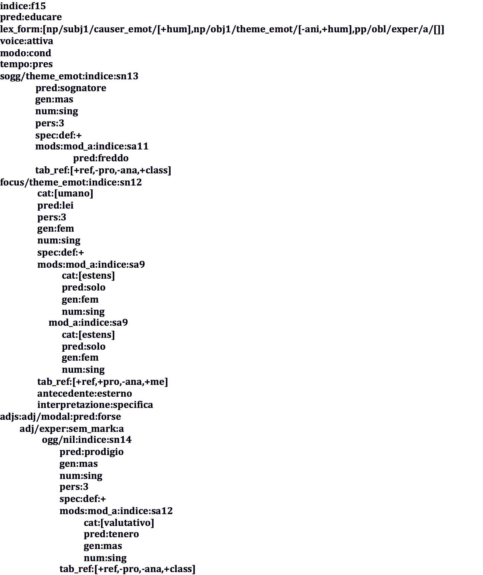 F-structure representation of the sentence “Lei sola forse il freddo sognatore educherebbe al tenero prodigio”