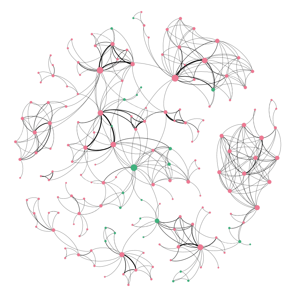 Componenti principali di CLiC-it nella rete di co-autori. I nodi rappresentano gli autori e sono colorati in base alla nazionalità italiana o meno delle loro affiliazioni (rosa se italiana, verde se straniera).