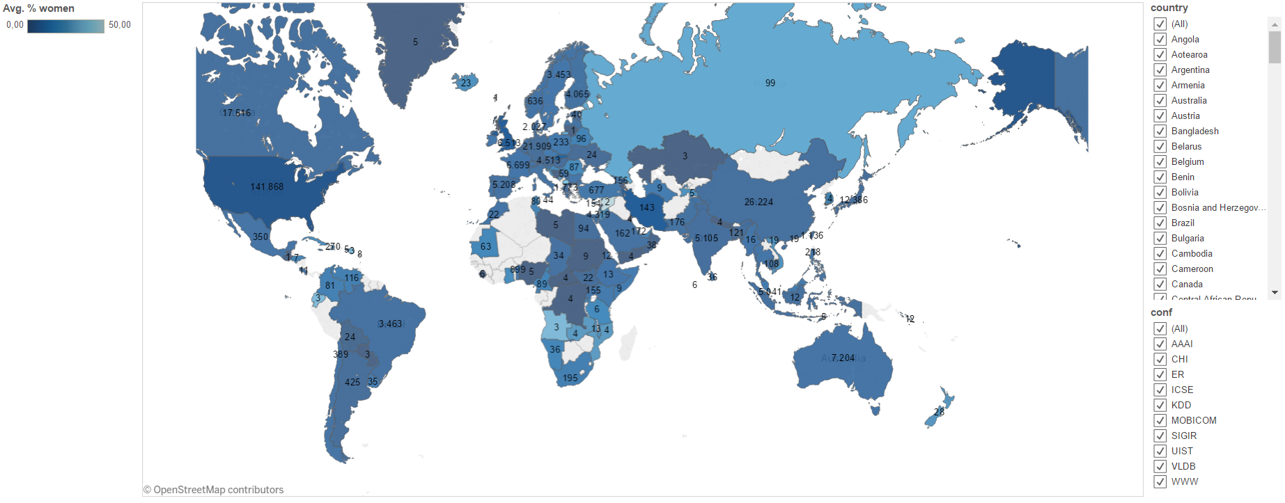 Map of average percentage of female authors at ten CS conferences between 2000 and 2015.