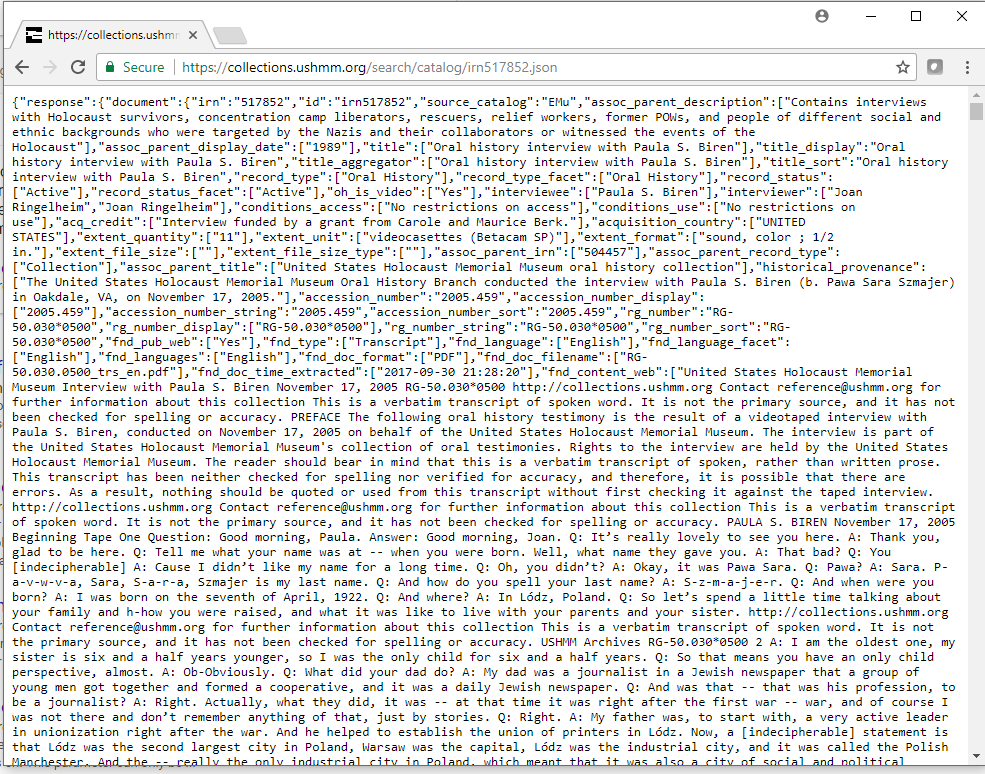 Display of JSON displaying text from oral history testimony transcript