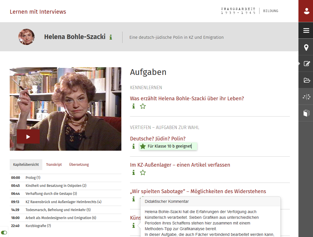 A testimony film with tasks and teachers’ comments in the German online environment Lernen mit Interviews, www.lernen-mit-interviews.de.