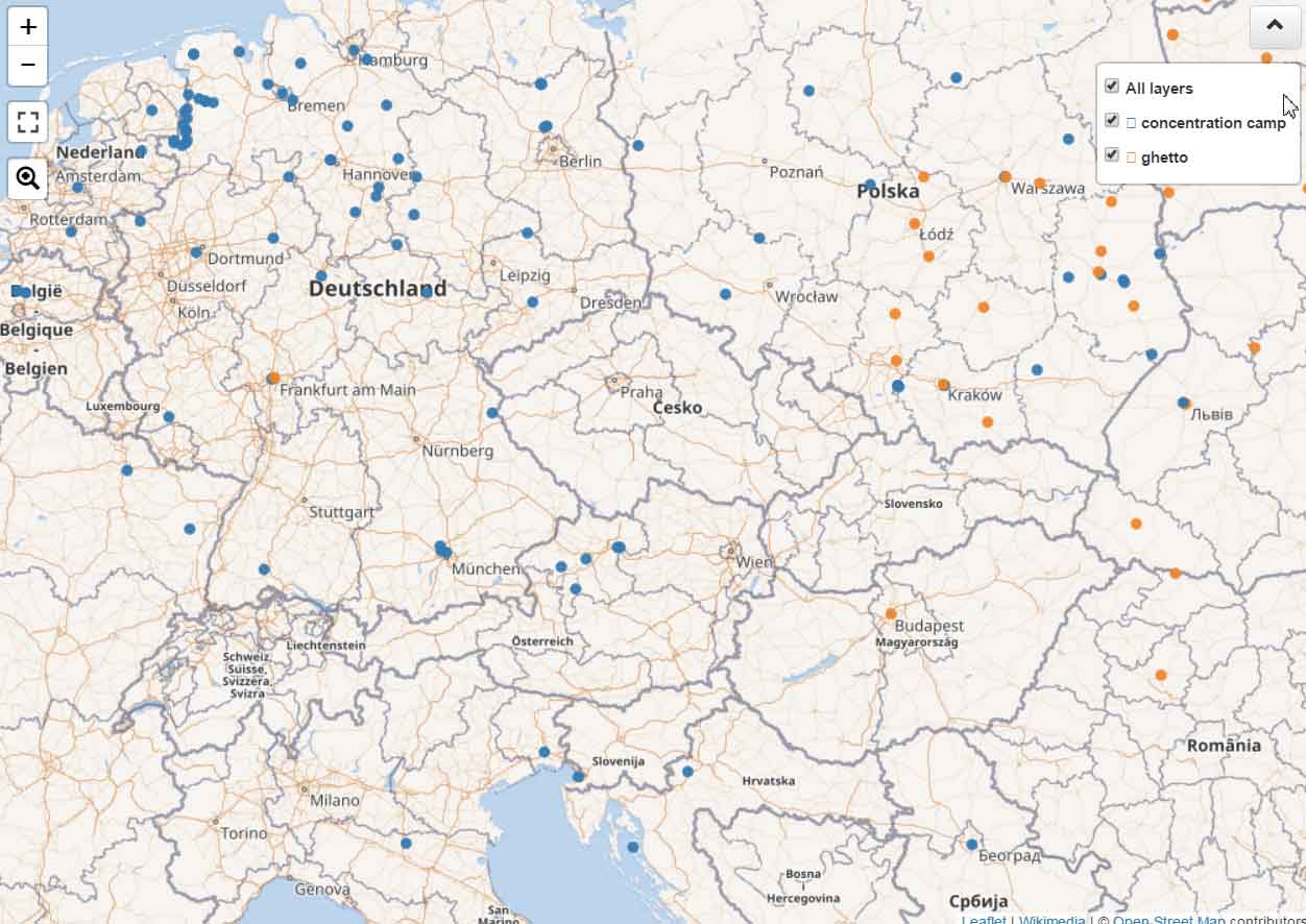 Ghettos (orange) and Camps (blue) on Wikidata, Mar 2017. Courtesy Vladimir Alexiev, Ontotext