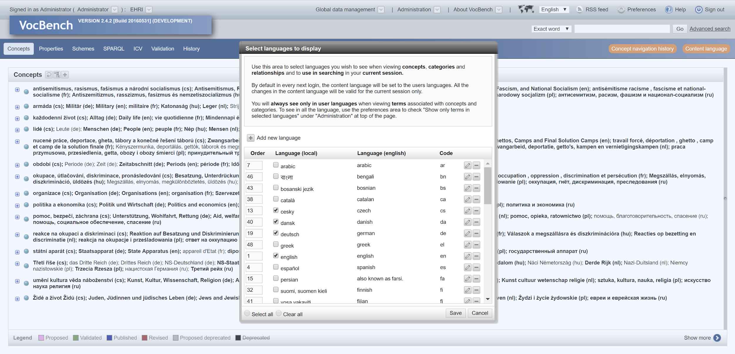 VocBench showing EHRI thesaurus concepts with multilingual labels. Courtesy Boyan Simeonov, Ontotext