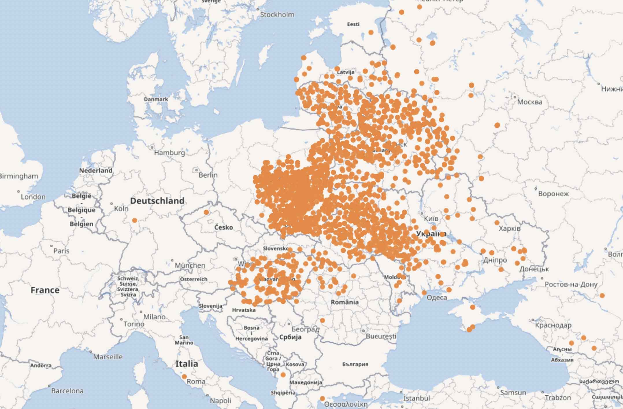 Ghettos (orange) on Wikidata after EHRI intervention, Jul 2017. Courtesy Nancy Cooey, USHMM