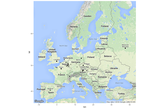 Map of places extracted from a USHMM Oral History interview. Courtesy Tobias Blanke, Kings College London, 2016