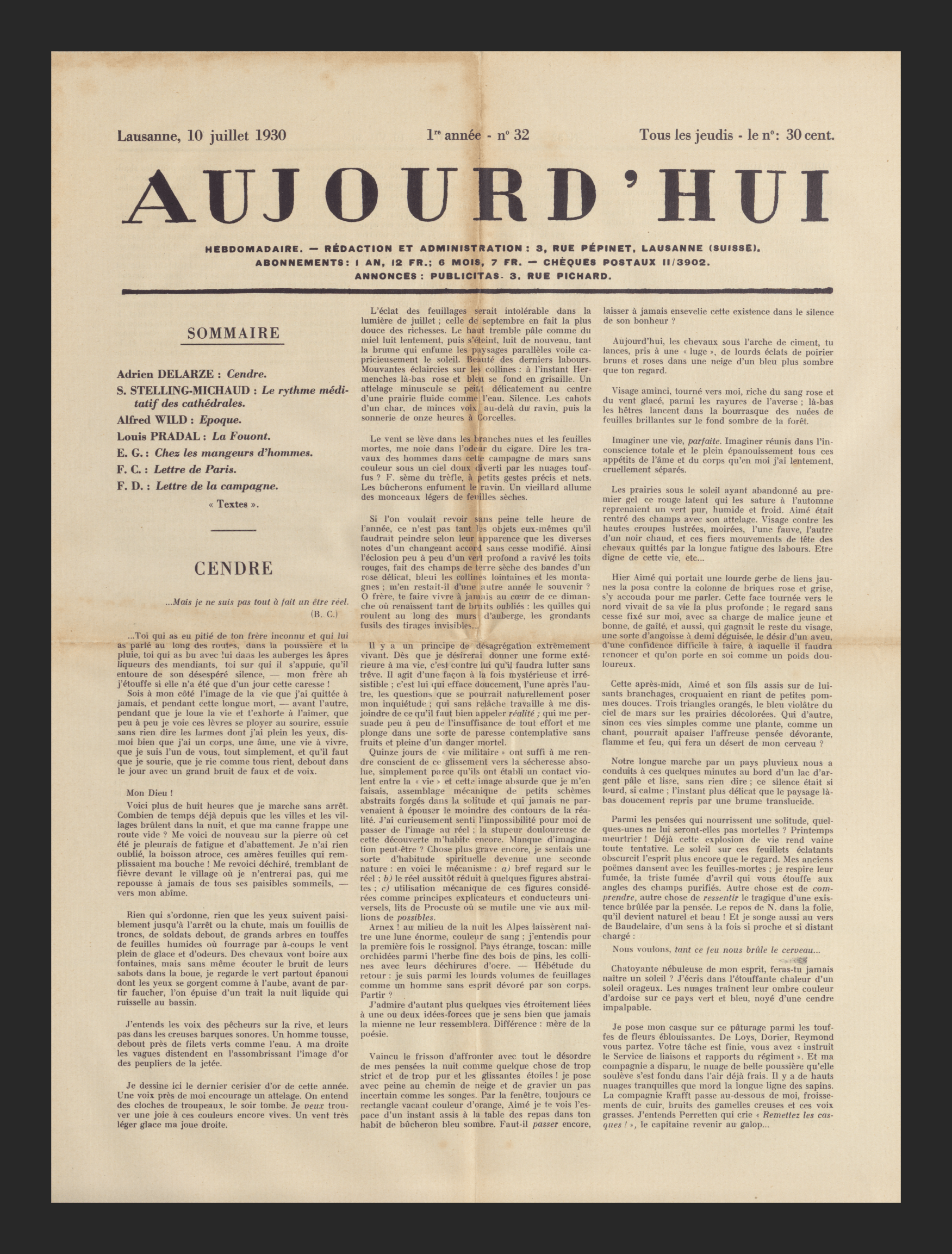 Digital facsimile of "Cendre", Aujourd'hui n°32, 10 July 1930.