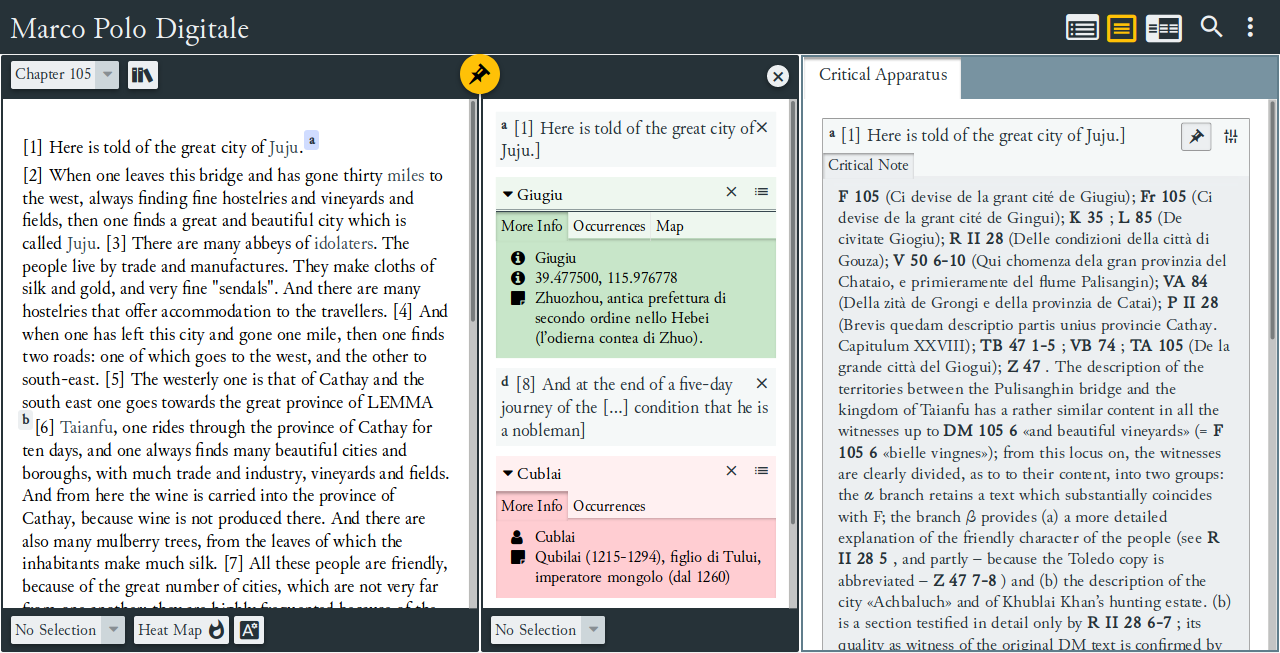 Il pin frame: sono visibili sia voci di apparato, in forma di nota critica, sia alcune named entities