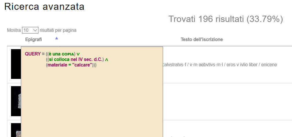 Visualizzazione/rappresentazione delle query di ricerca.